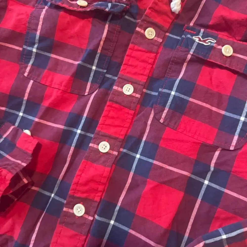 Hollister Women’s Large Red Plaid Hooded Button-Up Shirt Jacket